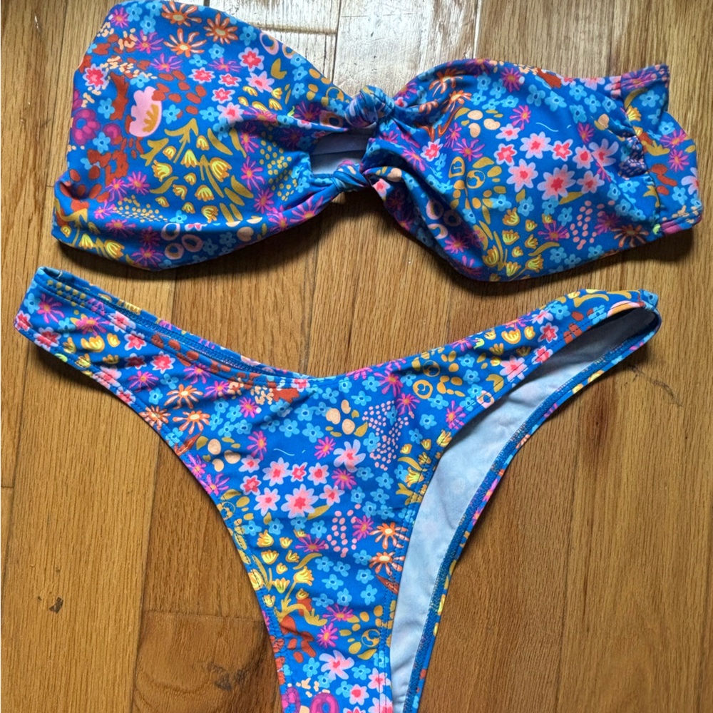 strapless light blue, flower print bikini.